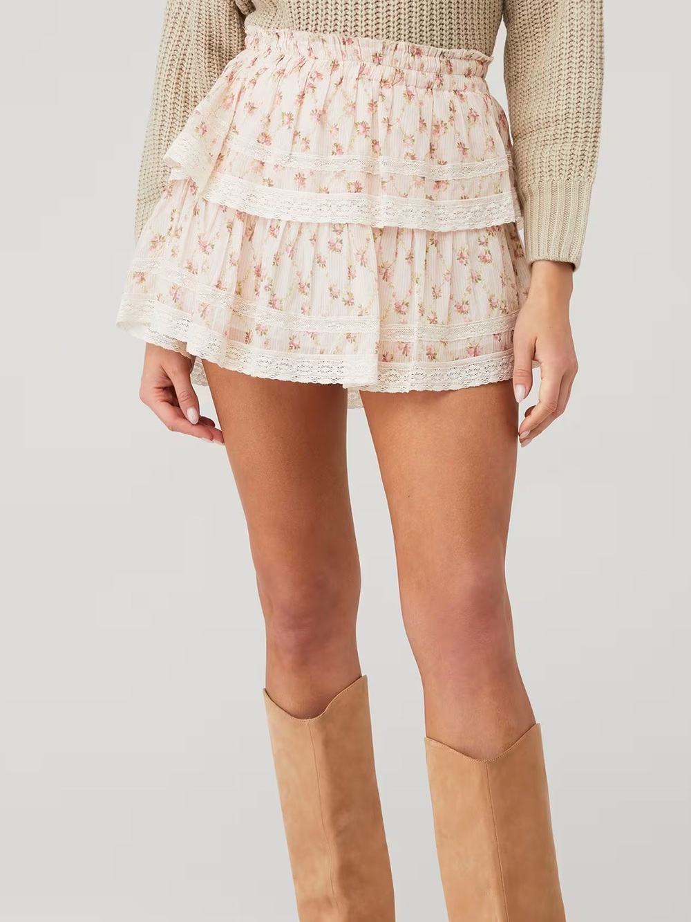Loveshackfancy Floral Tiered Mini Skirt with Lace Trim — Pale Pink Floral